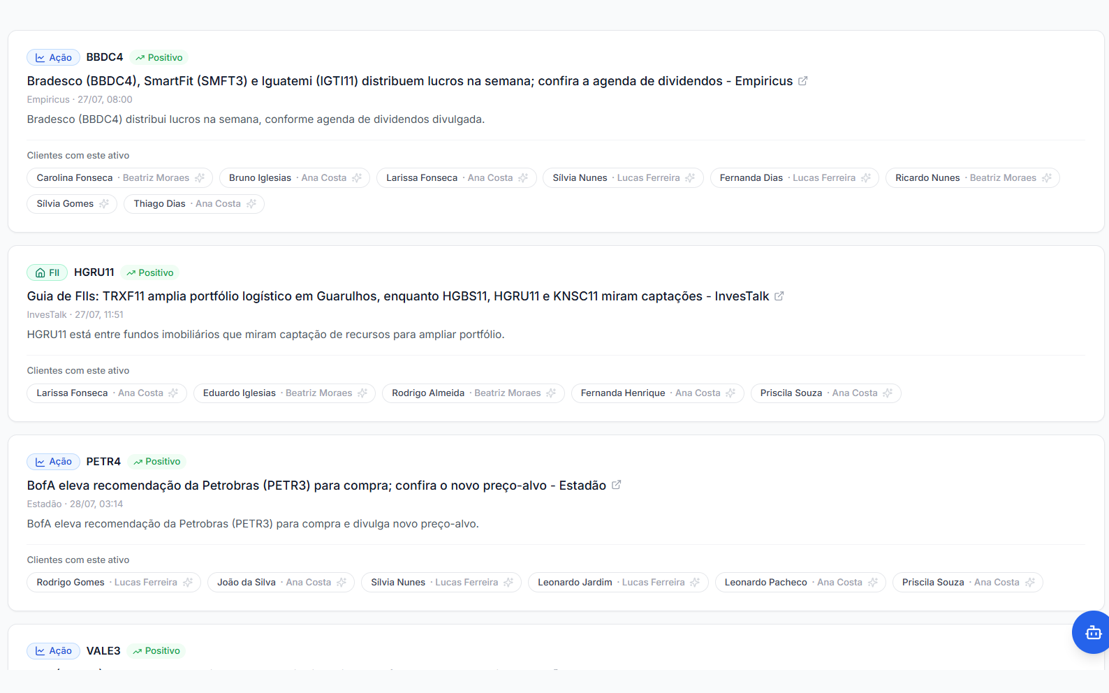 Radar de notícias: manchetes de mercado, cada uma com o ativo relacionado e a lista de clientes que têm o ativo na carteira, com o profissional responsável.